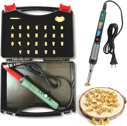 27Pcs Customizable Electric Branding Iron Kit for Beginners – 26 Letters & 1 Antlers, Digital Temperature Display, No Flame Needed – Perfect for DIY Wood, Leather & Food Branding (Gold, 27Pcs-3/5") by Unknown
