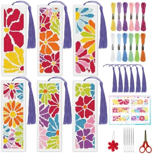 INFUNLY 6 Pcs Colorful Flower Cross Stitch Bookmark Kit with Tassels, Stamped Pre-Printed Floral Embroidery for Adults Beginners, DIY Tool Set with Floss Scissors Needles, Craft Gift for Book Lovers by INFUNLY