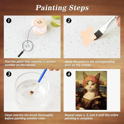 NiArt Paint by Numbers for Adults Beginners, DIY Paint by Numbers on Canvas for Kids, Oil Painting Kits for Gift Home Wall Decor, 10 Brushes and Acrylic Paint, 12x16 Inch, (Mona Lisa Cat, with Frame) - Image 6
