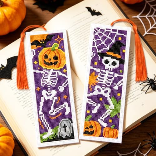 ACRNIGHEET 6PCS Cross Stitch Bookmark Kit (Halloween Skeleton Pattern) - Image 5