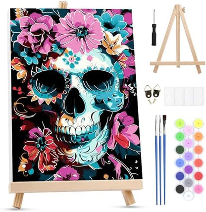 MXJSUA Floral Skull Framed Paint by Numbers for Adults Beginners, Easy Adults' Paint-by-Number Kits on Canvas with Easel, Acrylic Number Painting Crafts Gifts for Home Decor, 8x12 inch by MXJSUA-DiamondPaintingkits