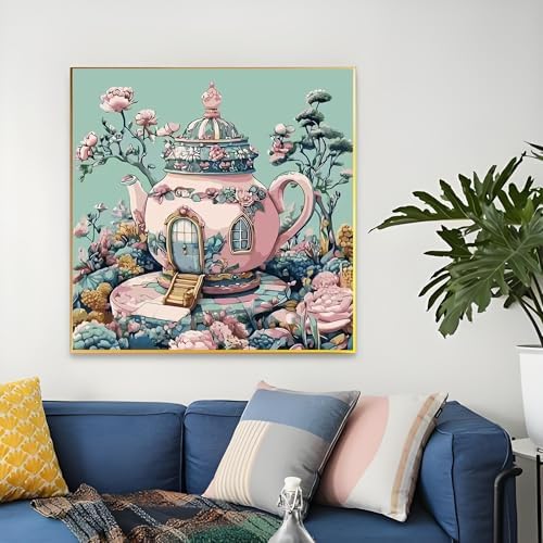 Paint by Numbers Kit for Adults Beginners, Teapot House Adult Paintby Number Kits On Canvas, DIY Acrylic Watercolor Oil ColorfulPainting by Number for Adults Without Frame for Home Decor 16 x16 Inch - Image 4
