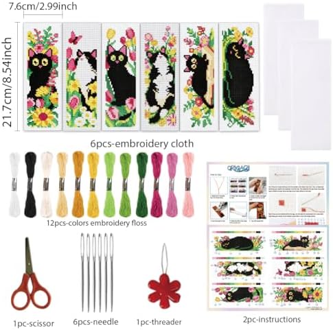 ORIGACH 6 Set Cat and Flower Cross Stitch Bookmark Kit for Beginner - Image 2