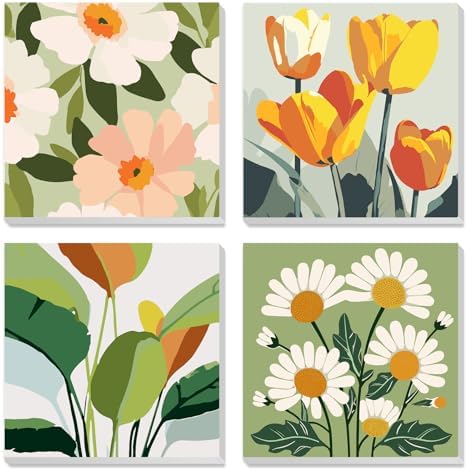 MXJSUA 4 Pack Flowers Green Plant Framed Paint by Numbers Kit with Canvas for Adults Beginner, DIY Acrylic Oil Painting Kits with Brushes for Home Wall Decor Gift (8x8 inch) by MXJSUA-DiamondPaintingkits