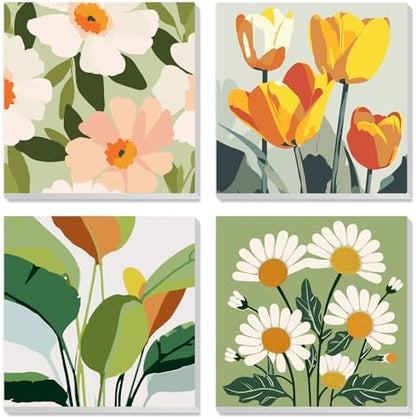MXJSUA 4 Pack Flowers Green Plant Framed Paint by Numbers Kit with Canvas for Adults Beginner, DIY Acrylic Oil Painting Kits with Brushes for Home Wall Decor Gift (8x8 inch) by MXJSUA-DiamondPaintingkits
