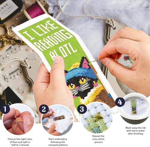 INFUNLY 6 Pcs Cat Quotes Stamped Embroidery Bookmark 8.5x3 inch Cartoon Kitten Stamped Cross Stitch Kit for Adults DIY Reading Quote Stitch Bookmarks Kit for Readers Writers Craft Gift - Image 4