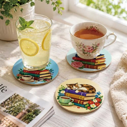 26PCS Wood Coasters Craft Kit 10 Paint You Own Coaster with 16 Pens Wooden Coaster Painting Set Coasters for Drinks Book and Flower Painting Crafts Art Supplies (Book and Flower) - Image 5