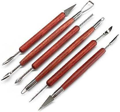 Clay Sculpting Tools, 6 PCS Double-Ended Stainless Steel Polymer Clay Tools, Wooden Handle Pottery Tools for Embossing, Carving Tools and Supplies by HANWER