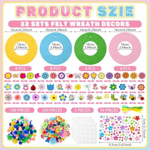 Wavwavw 472 Pcs Spring DIY Craft Kits Spring Wreath Summer Craft Kit Wreath Arts Decorations with Tulips Butterflies Bees Felt Stickers for Party Indoor Outdoor Home Decor - Image 3