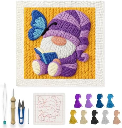 INFUNLY Dwarf Reading Punch Needle Embroidery Kits for Beginner Adult Purple Gnome DIY Punch Needle Starter Kits for Wall Hanging Book Needles Stitching Kit with Instruction for Crafts Gift Home Decor by INFUNLY