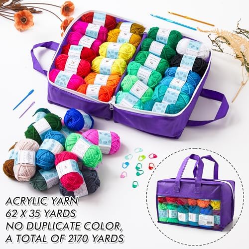 INSCRAFT 62 Acrylic Yarn Skeins, 2170 Yards Yarn for Knitting, 2 Crochet Hooks, 2 Weaving Needles,10 Stitch Markers, 1 Purple Bag, Perfect Crochet Beginner Kit for for Adults - Image 2