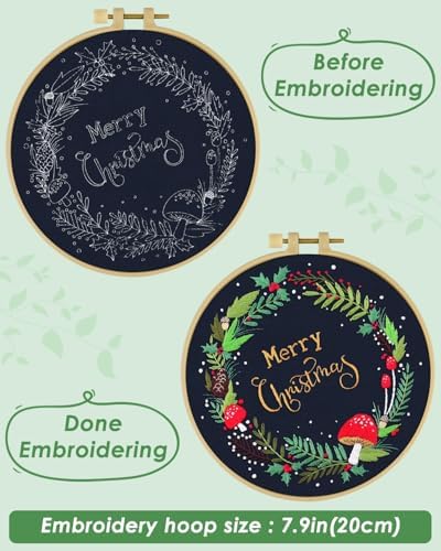 ERKOON Christmas Embroidery Kit for Beginners, Cross Stitch Set for Include Embroidery Cloth Hoops Threads for Craft Lover Hand Stitch with Embroidery Skill Techniques (Christmas Wreaths) - Image 3