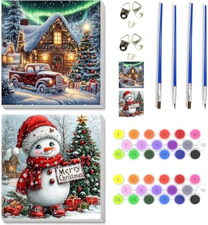 VIGEGU 2 Pack Christmas Paint by Numbers Kit for Adults with Framed,Snowman Truck House Paint by Number DIY Winter Christmas Aurora Landscape Adult Paint by Number Kits for Wall Decor 10x10in by VIGEGU