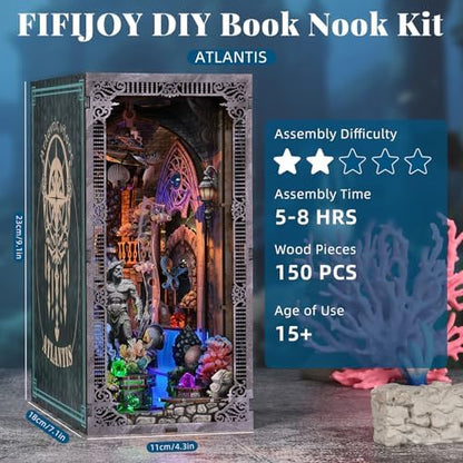 Book Nook Kit, 3D Puzzles for Adults, Book Nook Bookends, DIY Miniature House Booknook Kit with Led Light and Dust Cover (Atlantis) - Image 2