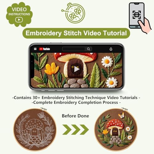 Santune 3 Pack Embroidery Kit Cross Stitch Needlepoint Kits for Beginners Adult Needle Point Sets with Mushroom & Horse Embroidery Patterns, Includes Step-By-Step Instructions & Accessories - Image 4