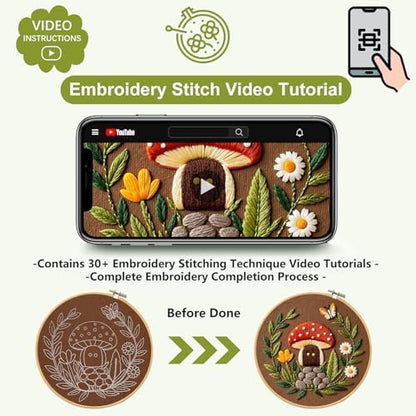Santune 3 Pack Embroidery Kit Cross Stitch Needlepoint Kits for Beginners Adult Needle Point Sets with Mushroom & Horse Embroidery Patterns, Includes Step-By-Step Instructions & Accessories - Image 4