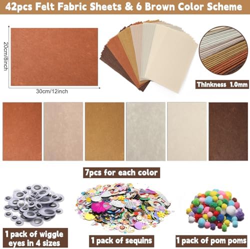 gisgfim 42Pcs Brown Felt Fabric Sheets Craft Kit 8 x 12 Inch Assorted Soft Thick Tan Felt Pack with Wiggle Google Eyes Pom Poms Glitter Patchwork Craft Supply for DlY Sewing Creative Art Project Decor - Image 2