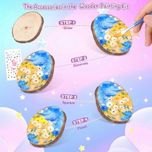 Sulataya Wooden Painting Kit, Wood Slices Craft Kit Gift Set with Assorted Gems & Diamond Painting Tools – Creative Art Activity Supplies for Adults Beginners - Image 4