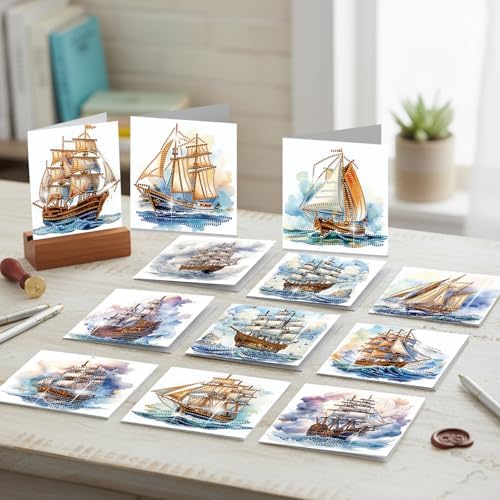 jinglinhh 12pcs Diamond Art Painting Sea Sailing Boat Greeting Cards with Envelopes, DIY Card Making Kits for Adults, Diamond Art Christmas Cards for Birthday Holiday Gifts - Image 4