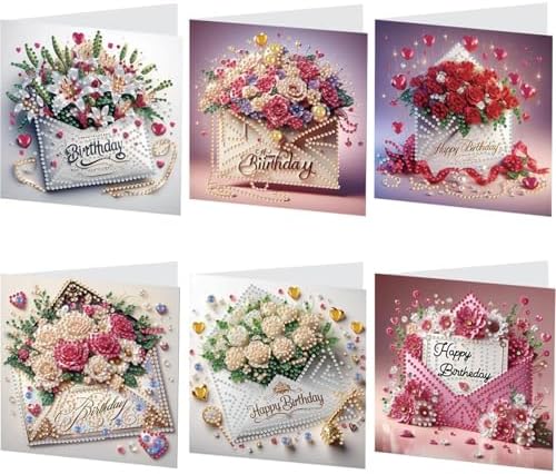 LAKEQUILL 6Pcs DIY Birthday Flower Diamond Art Greeting Card Kit - for Adults & Beginners, Perfect for Birthday Wishes & Gifting by Unknown