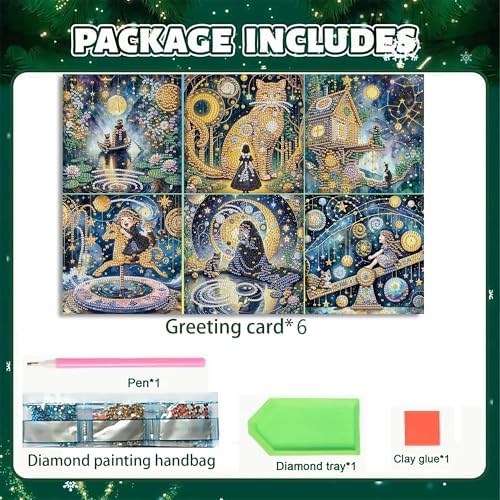 DIZAKIM 6-Piece Christmas-Themed Diamond Painting Greeting Cards Christmas Eve DIY Craft Kit Birthday Gift (Dreamlike Starry Sky) - Image 3