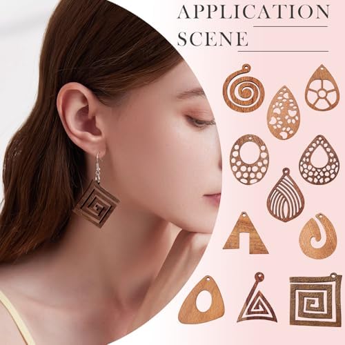11 Pairs Wooden Dangle Earring Set Wooden Dangle Charms Teardrop Oval Rhombus Triangle Wood Earring Blanks with Hooks Unfinished Wood Pendants for Bohemian Jewelry - Image 5
