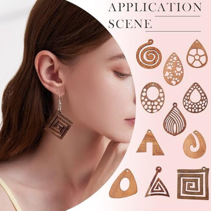 11 Pairs Wooden Dangle Earring Set Wooden Dangle Charms Teardrop Oval Rhombus Triangle Wood Earring Blanks with Hooks Unfinished Wood Pendants for Bohemian Jewelry - Image 5