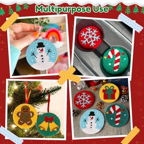 Sukhumvit 6PCS Christmas Punch Needle Coaster Kit, Beginners Punch Needle Set with 6 Tufted Patterns, Yarns, Hoop & Adhesive Pads, Starter DIY Embroidery Coasters Kit for Tufted Crafts Christmas Gifts - Image 6