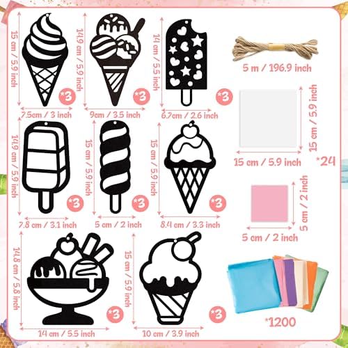CJiangpo 24 Sets Summer Ice Cream Suncatcher Paper Craft Kits, DIY Stained Glass Effect Window Ornament Rainbow Tissue Paper Art Craft for Kids Classroom Activities Supplies Summer Party Decor Favor - Image 2