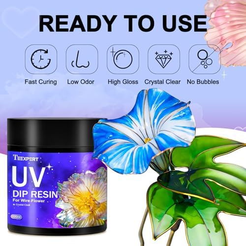 Teexpert UV Resin Dip for Wire Flowers Kit, 100g Crystal Clear UV Dip Resin with Pliers, 2Pcs 31FT Wires for Wire Shapes, Fast Cure Thick Glue for Jewelry Making, Holiday Surprise for DIY Art Crafts - Image 2