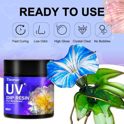 Teexpert UV Resin Dip for Wire Flowers Kit, 100g Crystal Clear UV Dip Resin with Pliers, 2Pcs 31FT Wires for Wire Shapes, Fast Cure Thick Glue for Jewelry Making, Holiday Surprise for DIY Art Crafts - Image 2