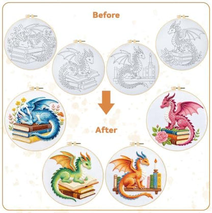 BEUNITONE 4 Set Embroidery Kits for Beginners with Dragon Pre-Print Patterns, DIY Craft Kits Include Instructions and 2 Embroidery Hoops, Cross Stitch Needlepoint Kits for Craft Lover and Home Decor - Image 4