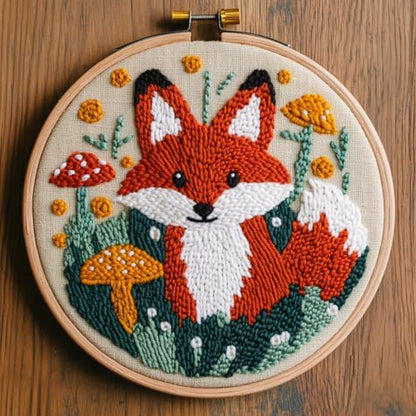 Punch Needle Kits for Beginners Red Fox and Mushrooms 20x20cm-6 by Unknown