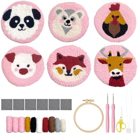 Punch Needle Coaster Kit for Adults Beginners, Easy Punch Embroidery Starter Set with Instructions – Fun Mug Rug Making Kit for Table Decor & Festival DIY Gifts (6pcs Cute Animals) by PunchBloom