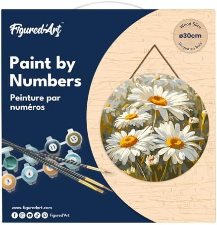 Figured'Art Paint by Numbers Kit for Adults on Wood Slice, 11.8in Diameter - Daisies - Craft Art Painting DIY Canvas - Image 5