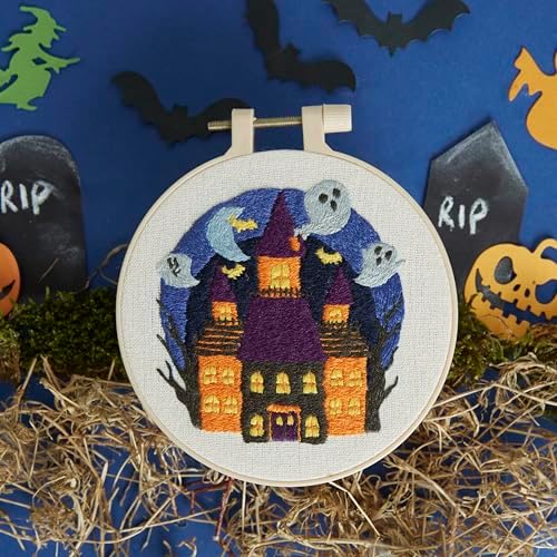 Simply Make Embroidery by Numbers Kit, Haunted House Halloween Craft Kit, Stitch and Sewing Kit, Includes Embroidery Threads, Craft Kits for Adults, Embroidery Kit with Embroidery Hoop by Simply+MAKE