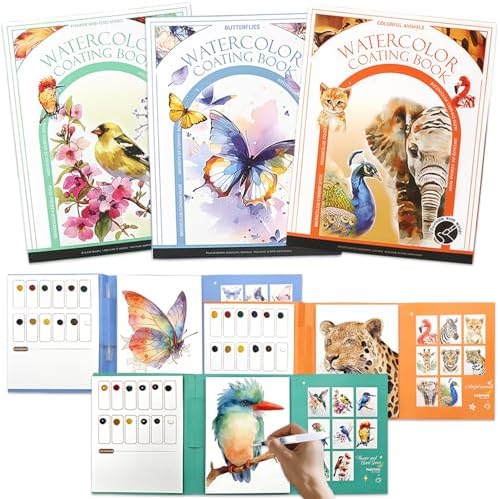 NaTuGi 3Pac Watercolor Workbook for Adults,Watercolor Coloring Book,Portable Watercolor Painting Books,Creative Stress Relief Kit,Suitable for Beginners Birthday Gift (Animal Series 3pc) by Unknown
