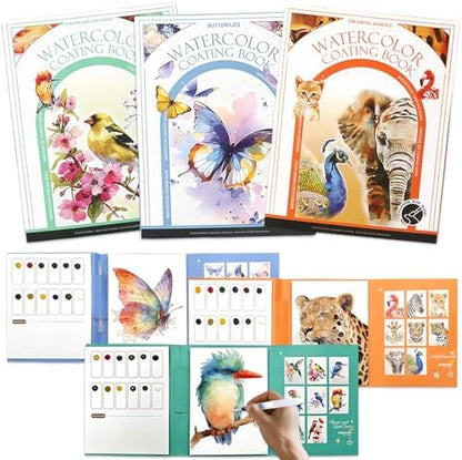 NaTuGi 3Pac Watercolor Workbook for Adults,Watercolor Coloring Book,Portable Watercolor Painting Books,Creative Stress Relief Kit,Suitable for Beginners Birthday Gift (Animal Series 3pc) by Unknown