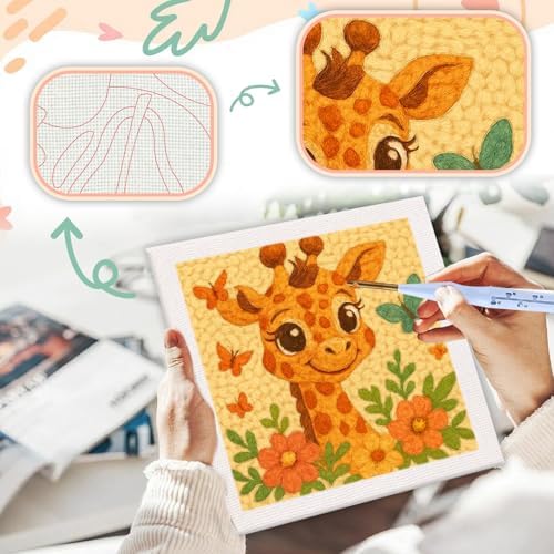 SDOYUNO Punch Needle Kit with Frame for Adults Beginners Kits 9.84 x 9.84 Inch Embroidery Starter Kits Punch Needle Kit with Giraffe Pattern, Threader, Yarns, Rug Punch, DIY Craft Kits (Cyan) - Image 4