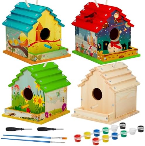 Juexica 4 Pack DIY Birdhouse Kits for Kids Ages 6+ Build and Paint Wooden Bird House Arts and Craft Project with Paint Strips Brushes for Boy Girl Adult Classroom Indoor Outdoor Crafts (Groovy) by Juexica
