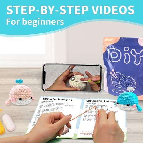 YAMAXIN Whale Crochet Kit for Beginners, Whale Marine Animal Easy Learn to Starter Amigurumi Knitting Kit and Yarn Craft Kits for Adults DIY with Step-by-Step Video Tutorials - Image 4