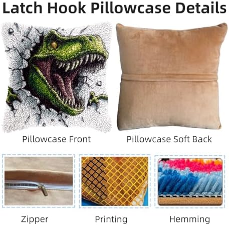 DIY Latch Hook Pillow Kits Green Dinosaur Printed Pillowcase Crochet Yarns Hooking Handmade Pillow Cover Cushion for Home Sofa Decoration 17x17inch-6 - Image 3