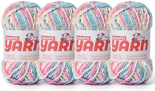 4 Pack Plush Chunky Chenille Yarn for Crocheting, Soft Fluffy Velvet Yarn for Crocheting Amigurumi, Fuzzy Baby Blanket Knitting 400g/524yds Bulky(4 Candy Color) by Sekafris