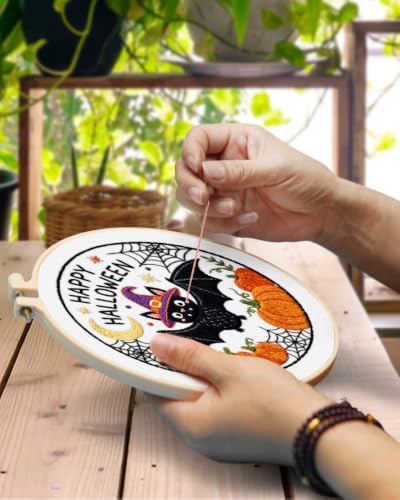TINDTOP Halloween Embroidery Kit for Adult, Embroidery DIY Starter Kit, with Stamped Patterns, Hoop, Tools, Colorful Threads with Needles, Instructions (Halloween D) - Image 4