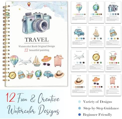 Easy Watercolor Workbook for Beginners - 12 Beautiful Step-by-Step Paintings Water Coloring Book, Includes 16 Colors Paints, Relaxing Art Projects and Creative Gift for Adults & Teen (Travel) - Image 7