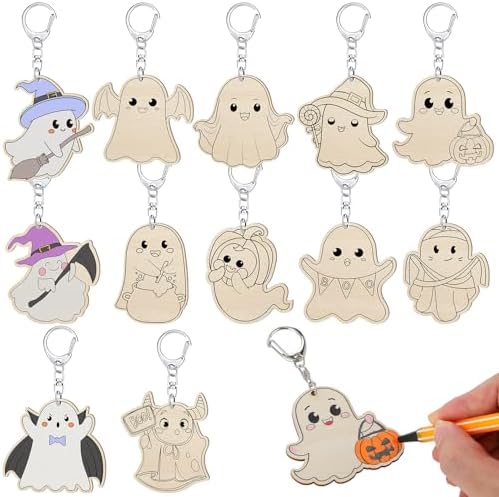 Trnayi 36 Pcs Halloween Ghost Wood Keychain Color Your Own DIY Craft by Trnayi