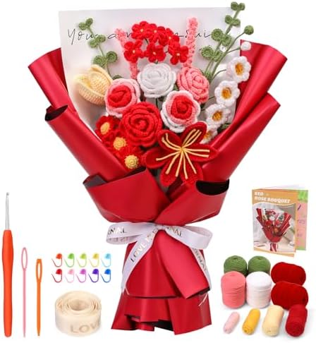 Iuuidu Crochet Kit for Beginners, Flower Bouquet Crochet Kit Rose Red by Iuuidu