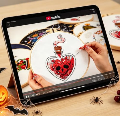 Halloween Goth Embroidery Kits for Beginners Adults, Dark Skull Embroidery Sets Needlepoint Kits, Halloween Stamped Cross Stitch Kits for Beginners Adults, 2 Embroidery Hoops (Attached Video Tutorial) - Image 3