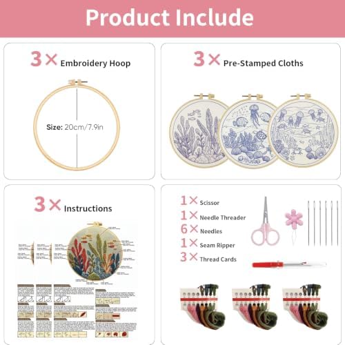 LYMIGER 3 Packs Embroidery Kit for Adults, Embroidery for Beginners (Sea-1) - Image 5