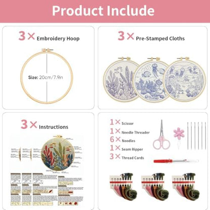 LYMIGER 3 Packs Embroidery Kit for Adults, Embroidery for Beginners (Sea-1) - Image 5